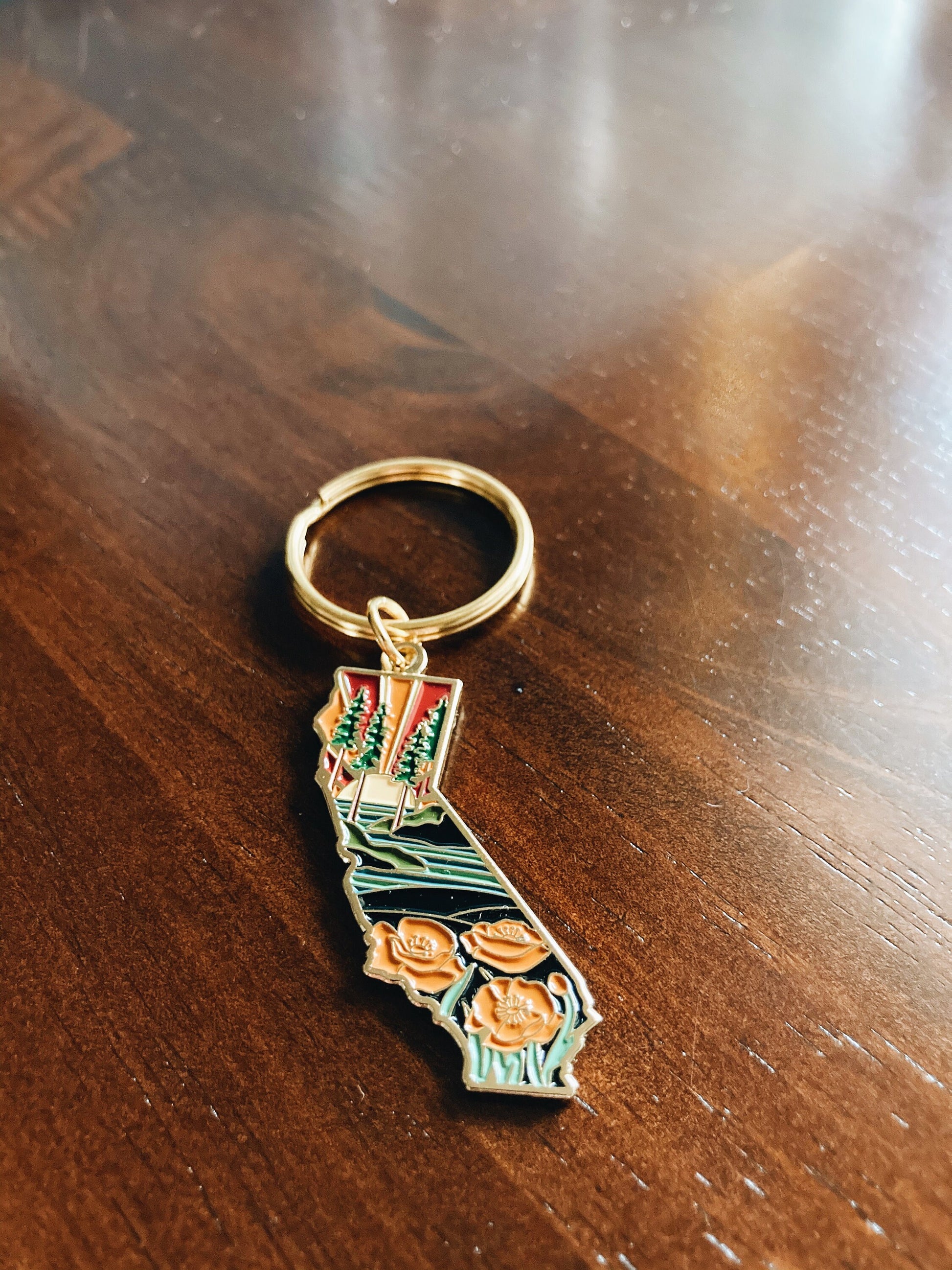 Gold California Poppy Soft Enamel Keychain 1.5" | California Outline Key Ring | Illustrated State Keychain