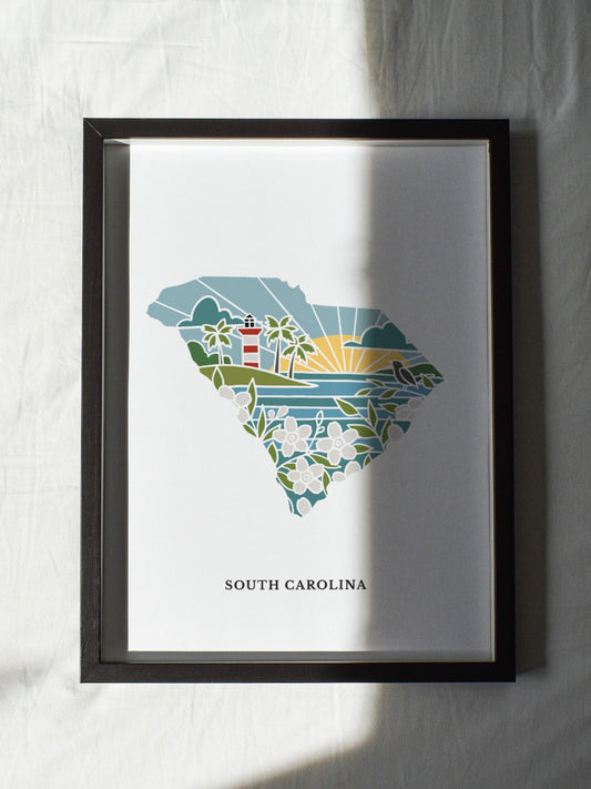 South Carolina Physical Art Print | State Wall Art | 5x7, 8x10, 11x14, 16x20 Archival Art Print | South Carolina Illustrated Poster
