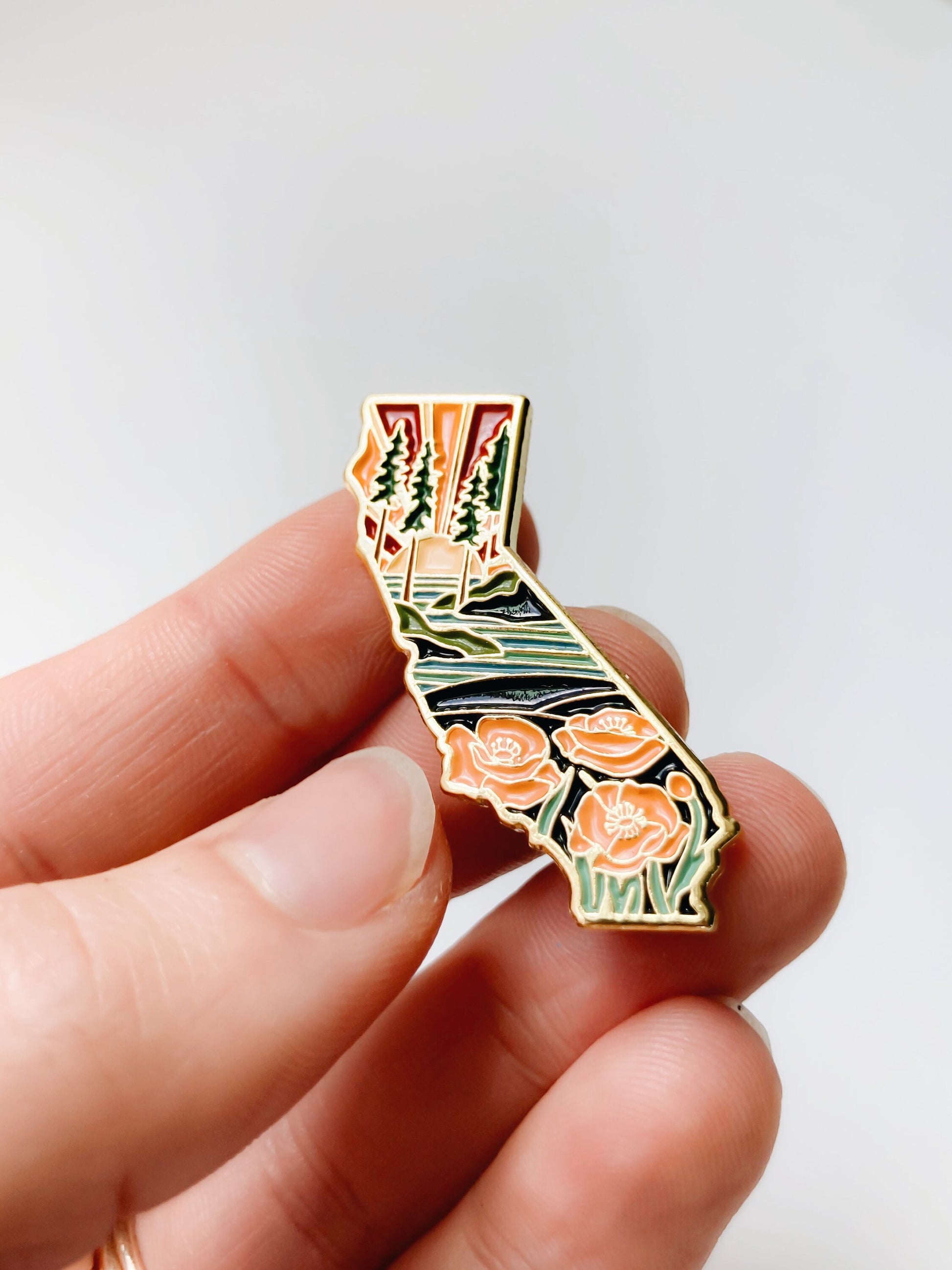 Gold California Poppy Enamel Pin | California Outline Pin | Illustrated State Pin | Butterfly Clasp | 1"