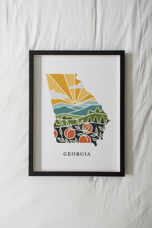 Georgia Peach Art Print | 5x7, 8x10, 11x14, 16x20 Archival Art Print | GA Outline Poster | Georgia Illustration | State Wall Art