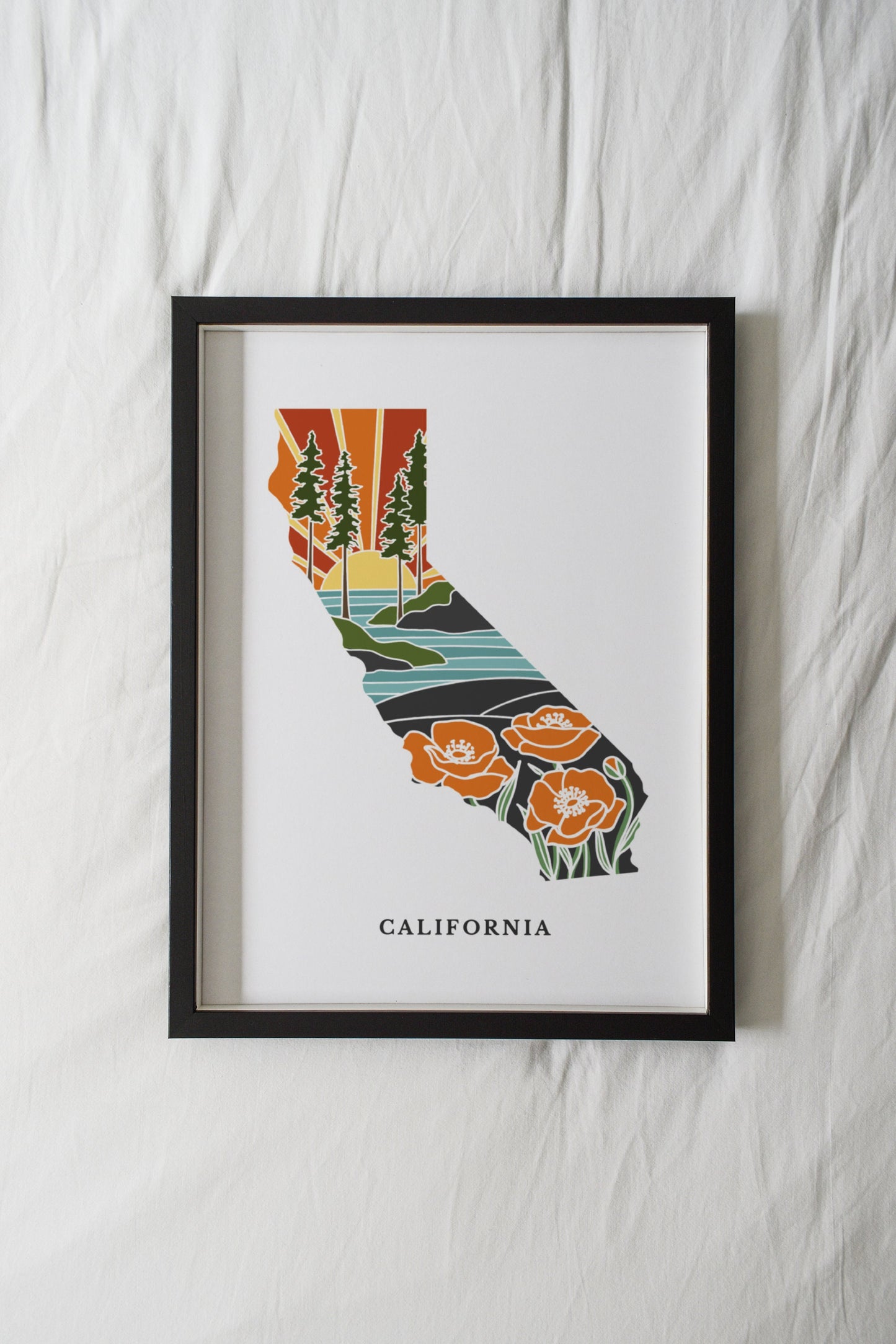 California Poppy Poster | 5x7, 8x10, 11x14, 16x20 Archival Art Print | CA Outline Poster | California Illustration | State Wall Art