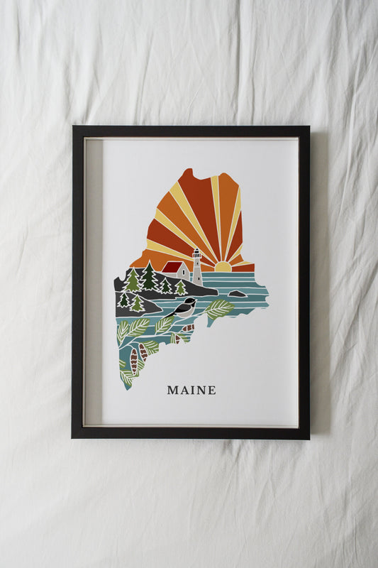 Maine Physical Art Print | State Wall Art | 5x7, 8x10, 11x14, 16x20" Archival Art Print | Maine Illustrated Poster