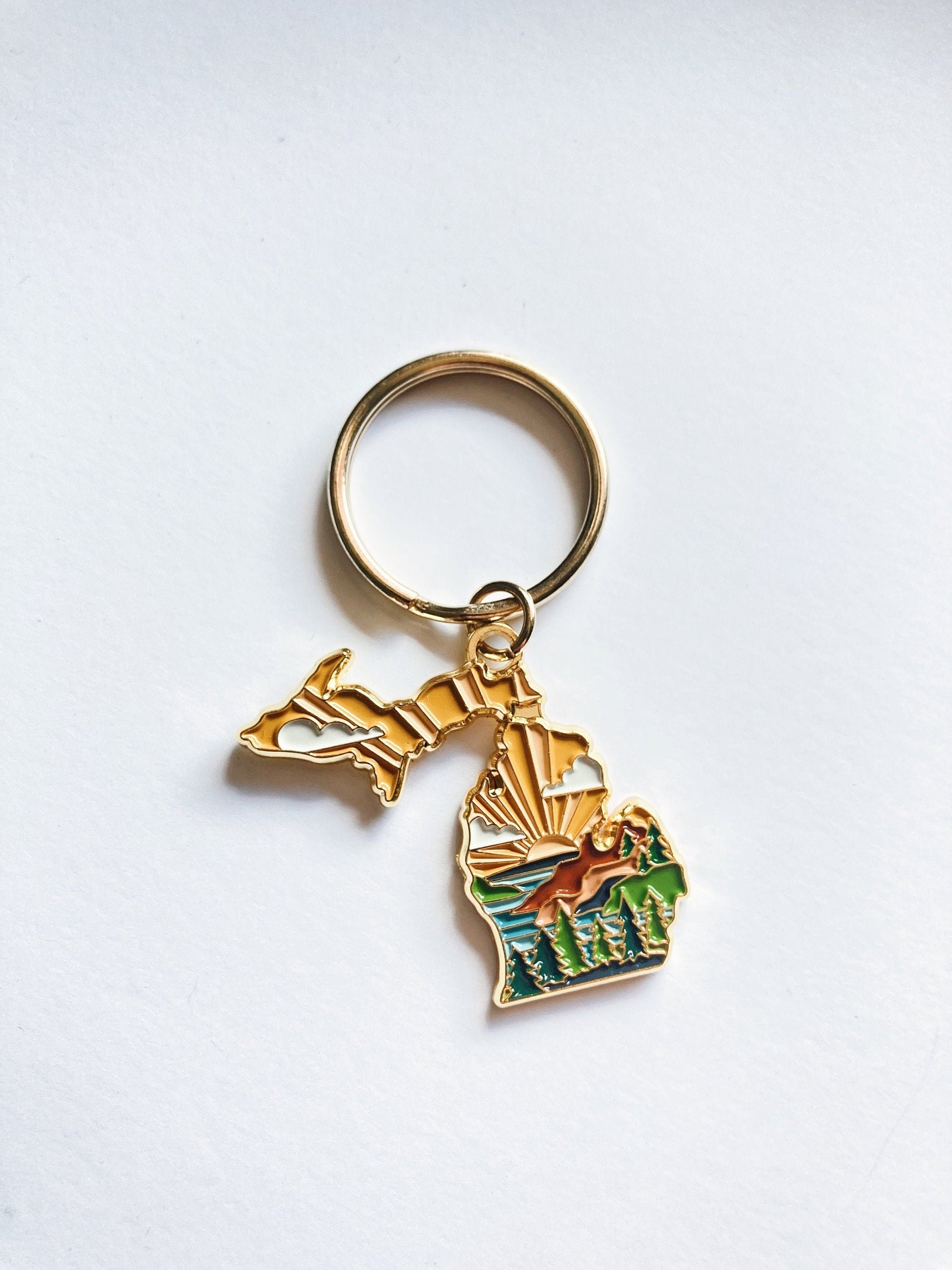 Gold Michigan Soft Enamel Keychain 1.5" | Michigan Outline Key Ring | Illustrated State Keychain