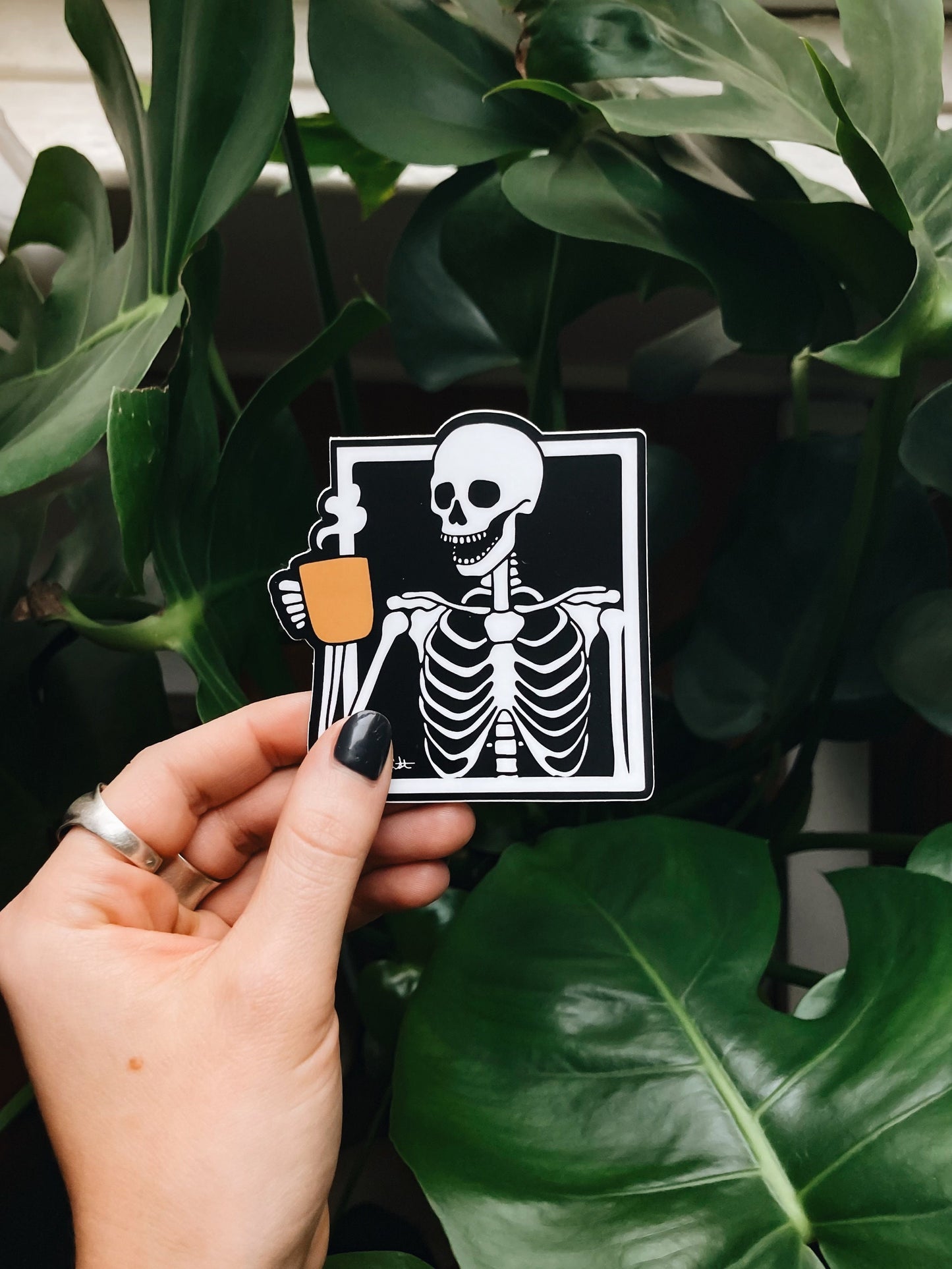 Skeleton Drinking Coffee Sticker | Waterproof Sticker | Vinyl Decal | Waterbottle Sticker | Bumper Sticker 3 inch