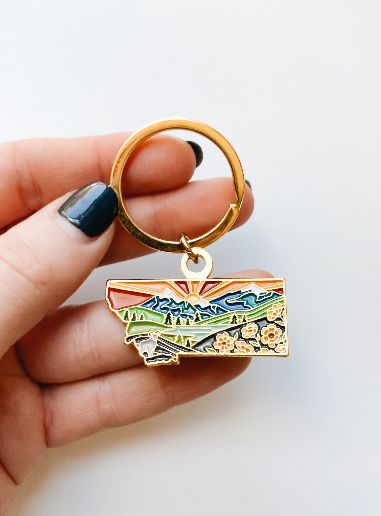 Montana Gold Enamel Keychain | Montana State Key Ring | Soft Enamel Illustrated State Keychain 1.5"