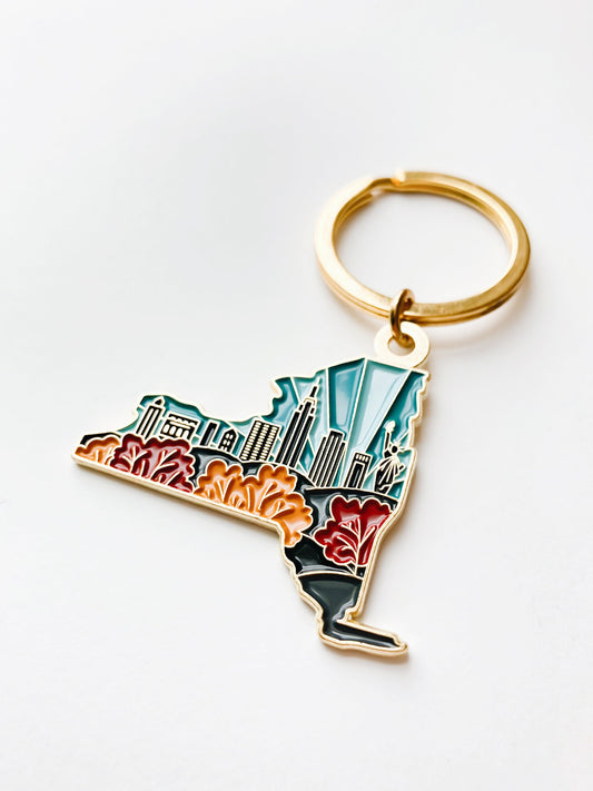 New York Gold Enamel Keychain | New York State Key Ring | Soft Enamel Illustrated State Keychain 1.5"