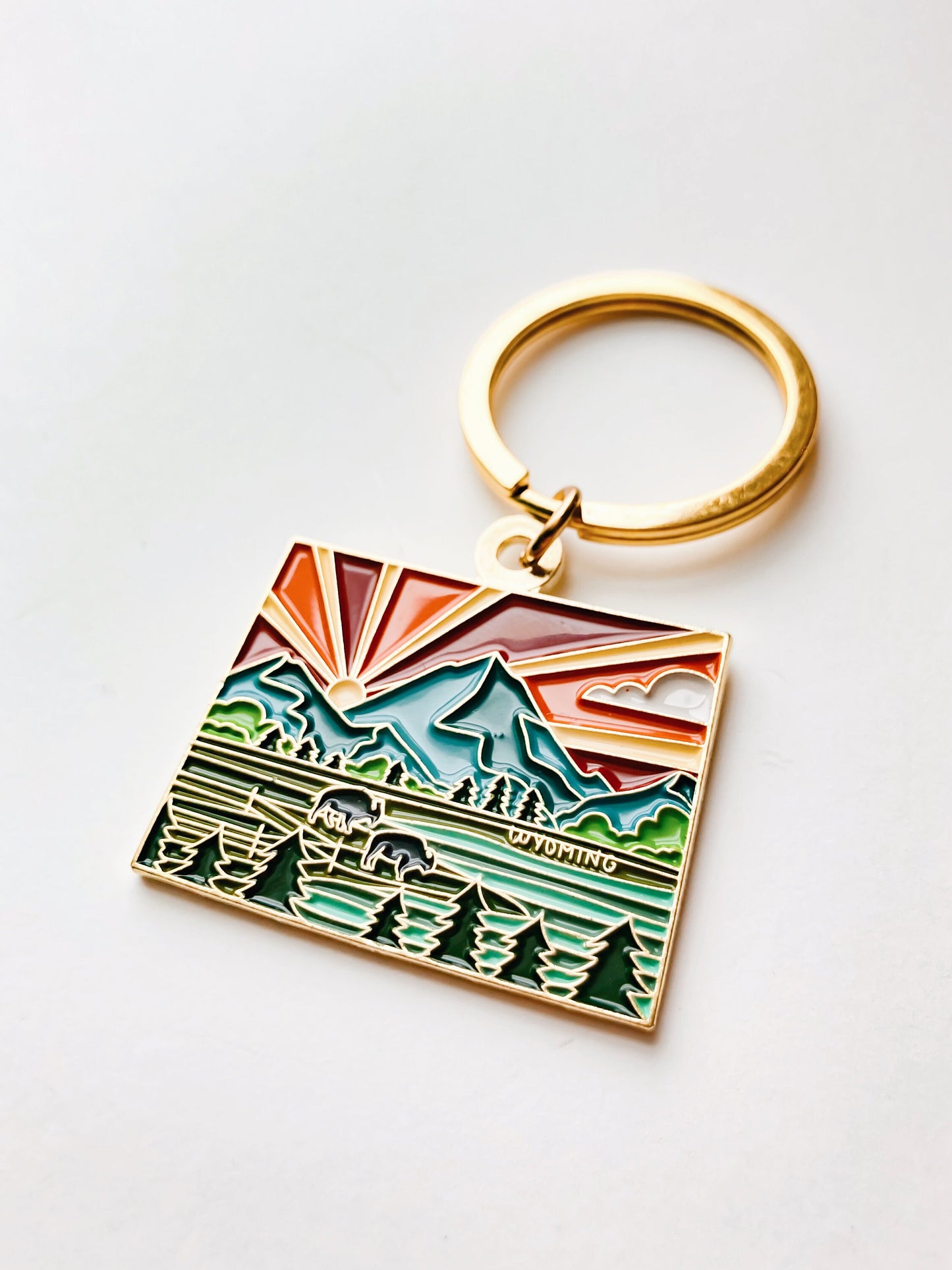 Wyoming Gold Enamel Keychain | Wyoming State Key Ring | Soft Enamel Illustrated State Keychain 1.5"