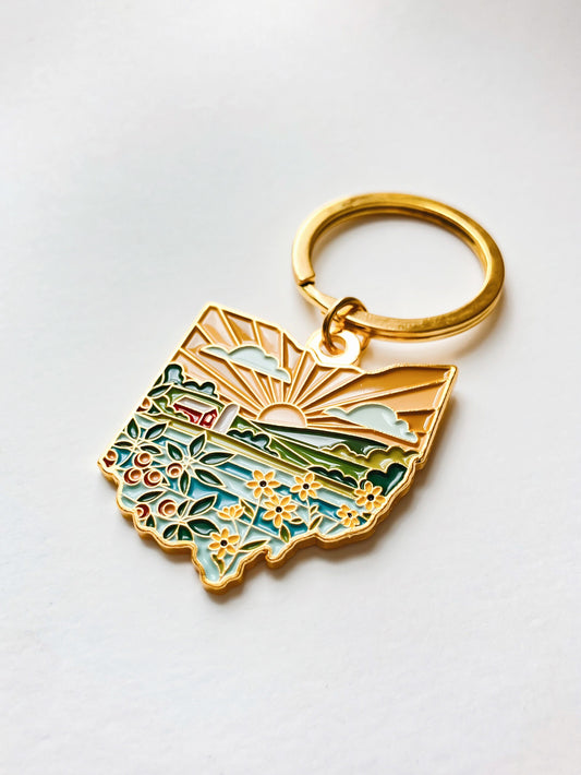 Ohio Gold Enamel Keychain | Ohio Outline Key Ring | Soft Enamel Illustrated State Keychain 1.5"