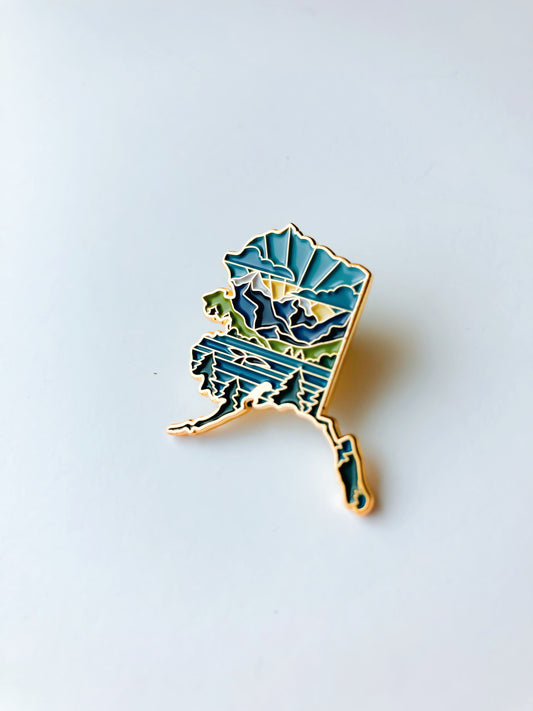 Alaska Enamel Pin | Gold Soft Enamel Pin | Illustrated United State Pin | Butterfly Clasp | 1.25"