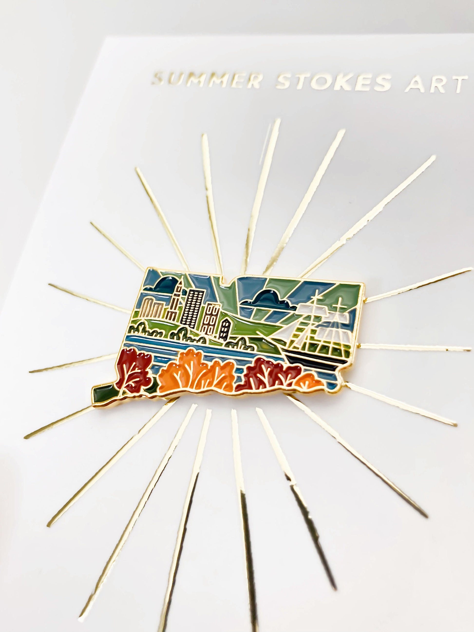 Gold Connecticut Enamel Pin | Connecticut Outline Pin | Illustrated State Pin | Butterfly Clasp | 1"