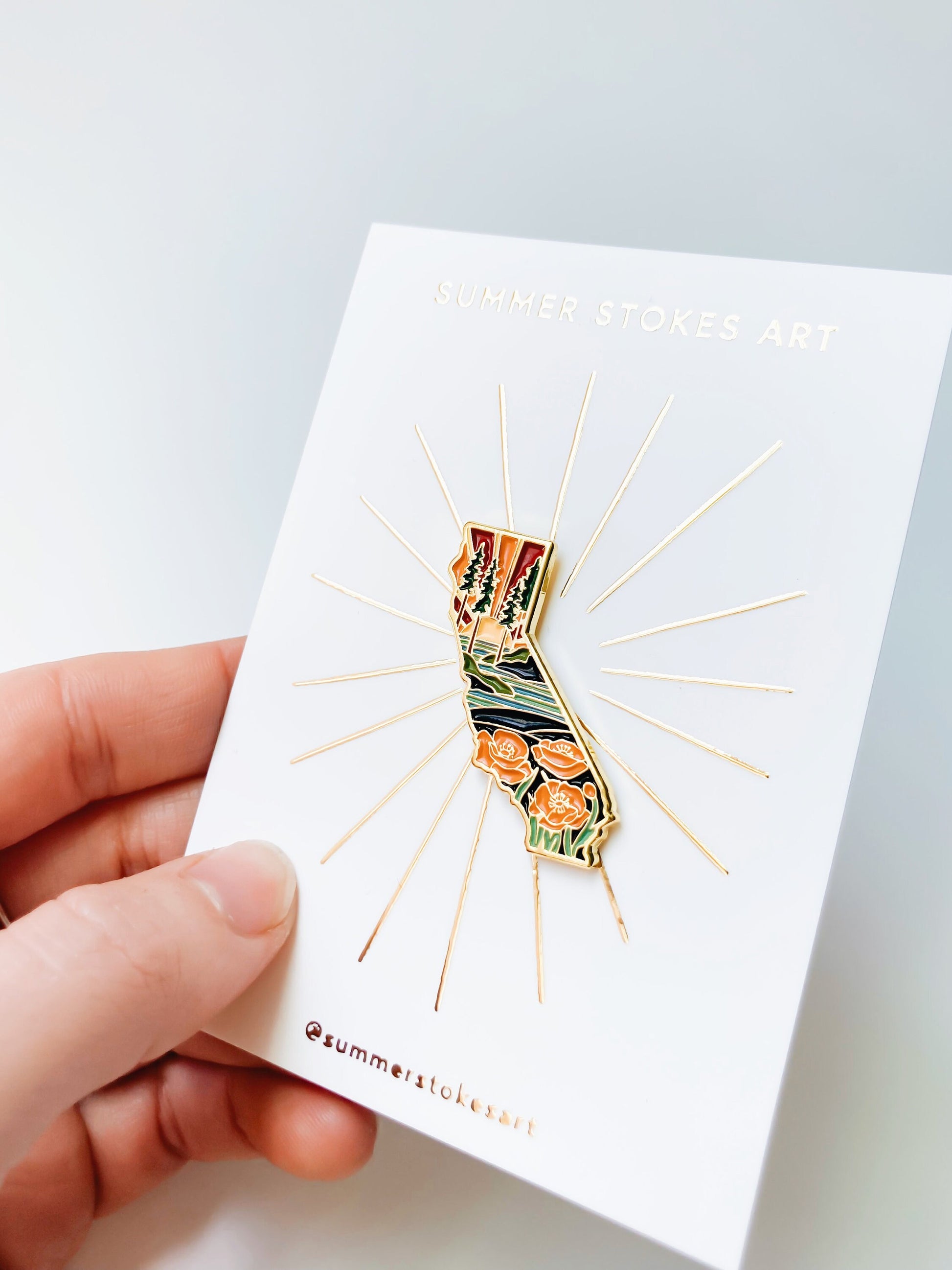 Gold California Poppy Enamel Pin | California Outline Pin | Illustrated State Pin | Butterfly Clasp | 1"