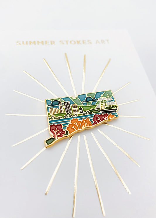 Gold Connecticut Enamel Pin | Connecticut Outline Pin | Illustrated State Pin | Butterfly Clasp | 1"