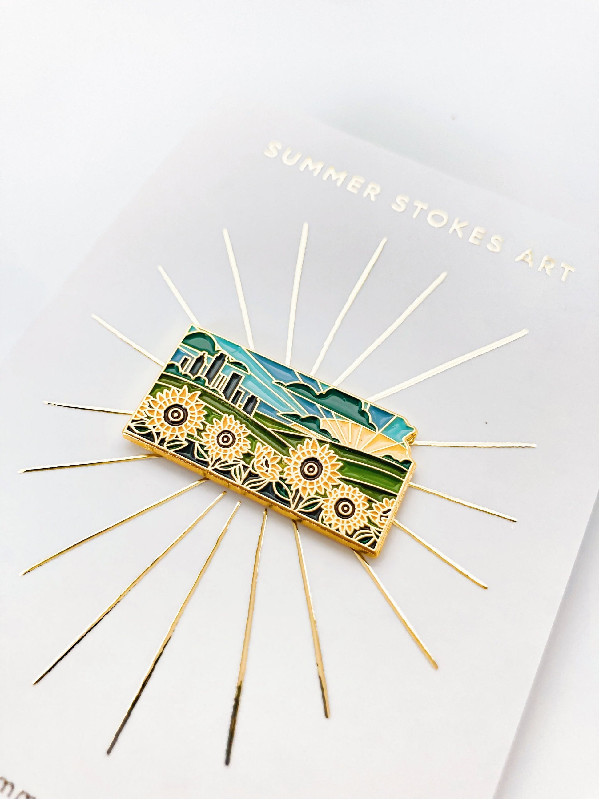 Gold Kansas Sunflower Enamel Pin | Kansas Outline Pin | Illustrated State Pin | Butterfly Clasp | 1"