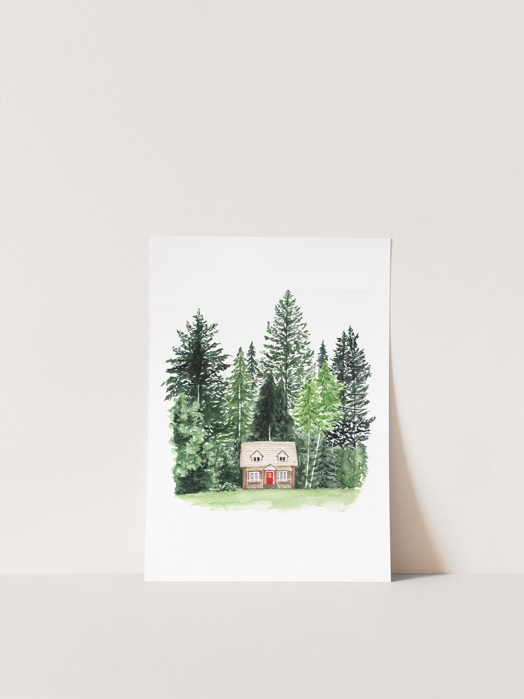 Cabin in the Woods Print | Watercolor Art Print | Pacific Northwest Illustration | Washington Oregon Idaho Decor | Moody PNW Wall Art