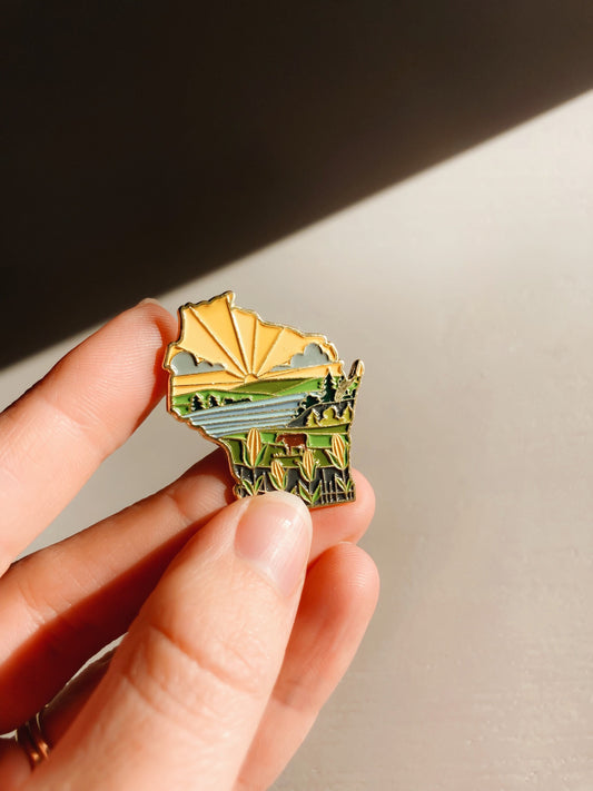 Wisconsin Enamel Pin | Gold Soft Enamel Pin | Illustrated United State Pin | Butterfly Clasp | 1.25"