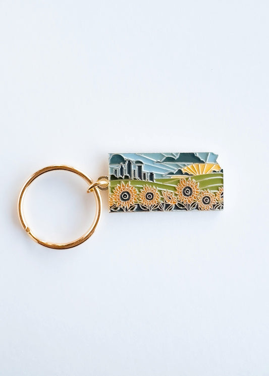 Kansas Soft Enamel Keychain | Kansas Outline Key Ring | Illustrated State Keychain 1.5"